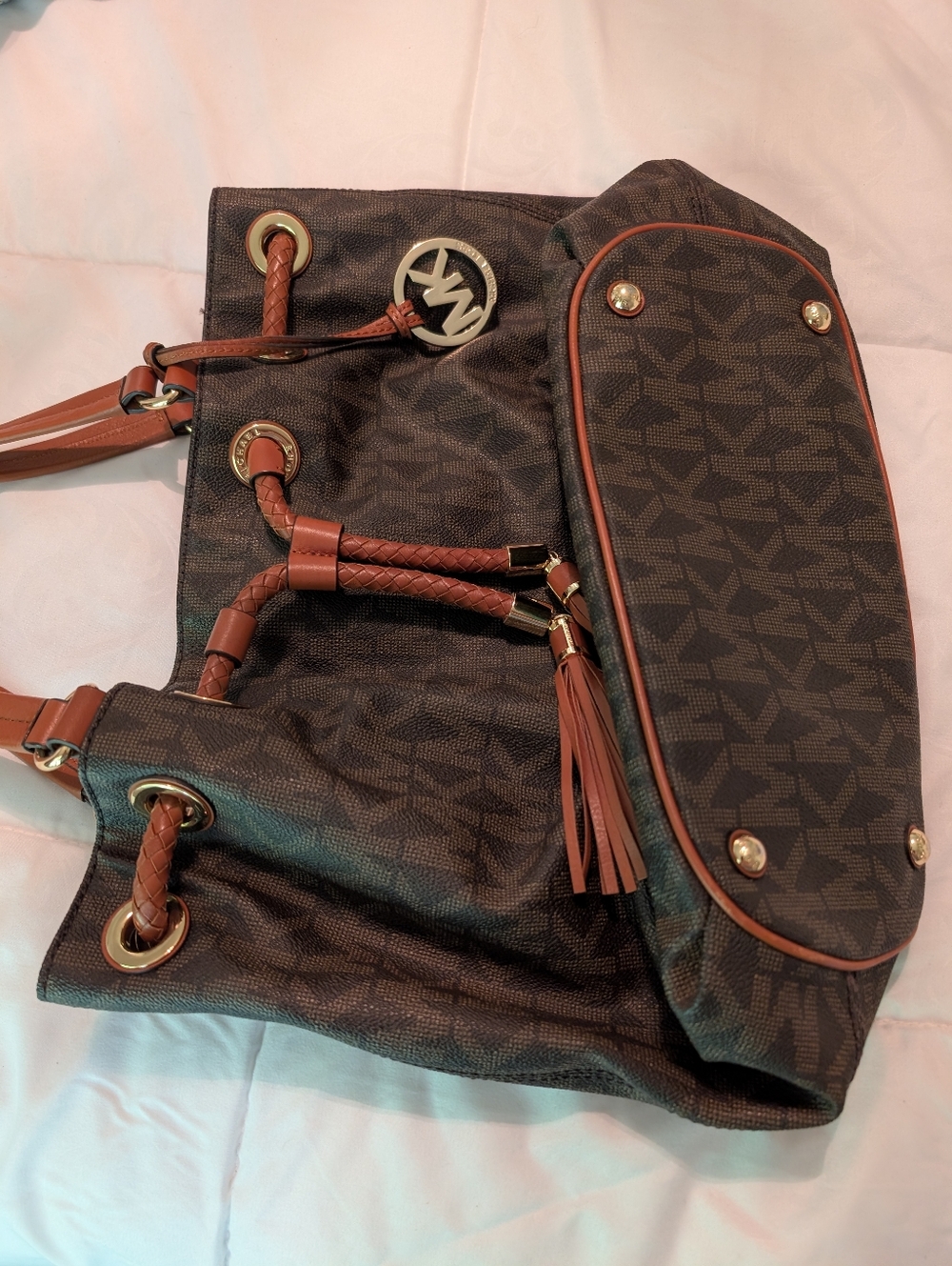 Michael Kors Dark Brown Leather Tote Bag with Light Beige Lining